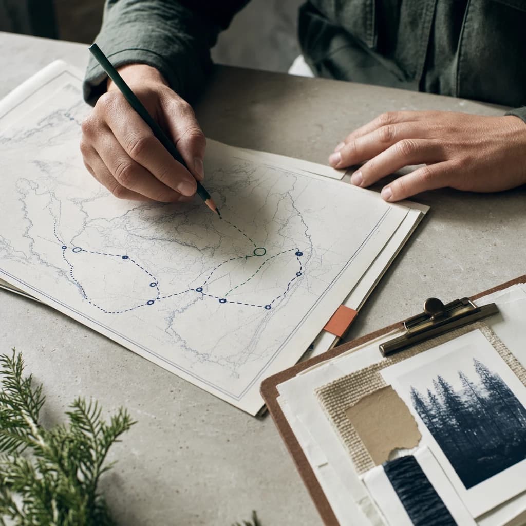 Hands marking a route across a printed map beside clipped evidence papers